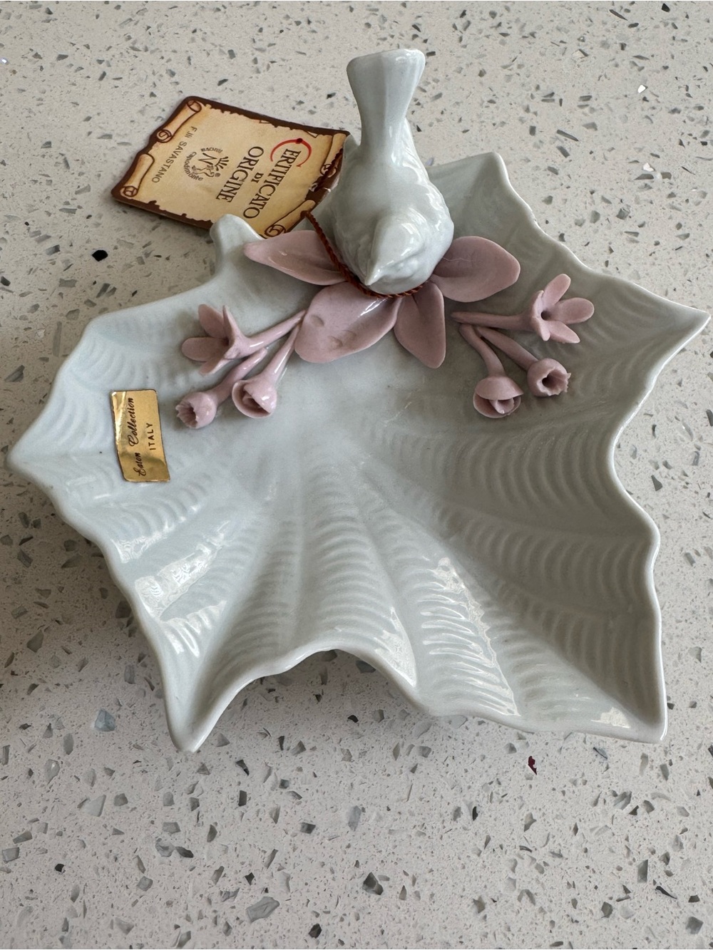 Vintage Nuova Capodimonte Italy Porcelain Bird Floral Leaf Dish